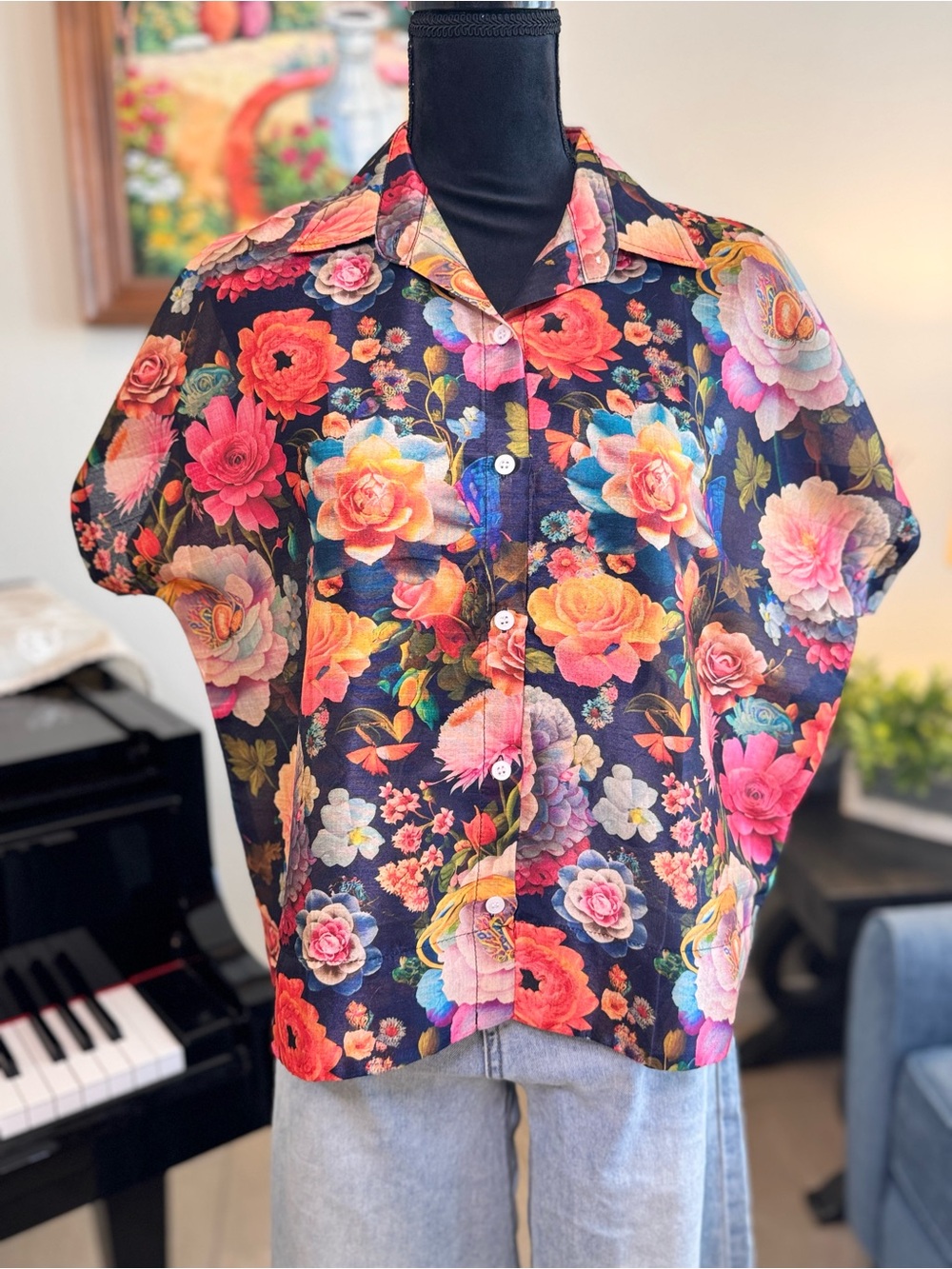 Floral Button-Up Short Sleeve Shirt - Black Multi